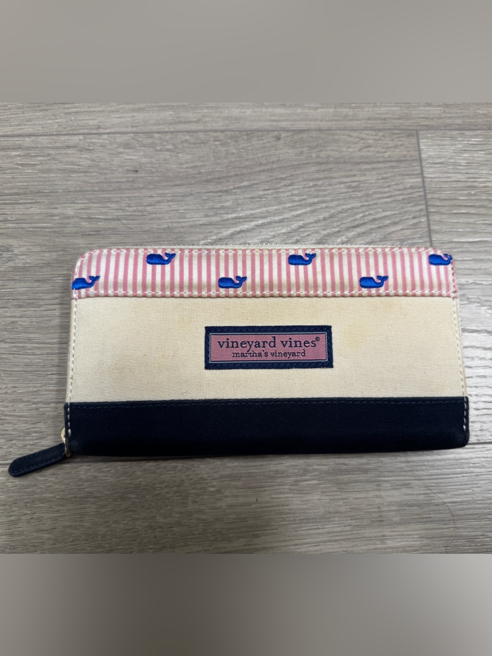 Vineyard Vines Cream Canvas Wallet - Pink Stripe & Blue Whales - GUC